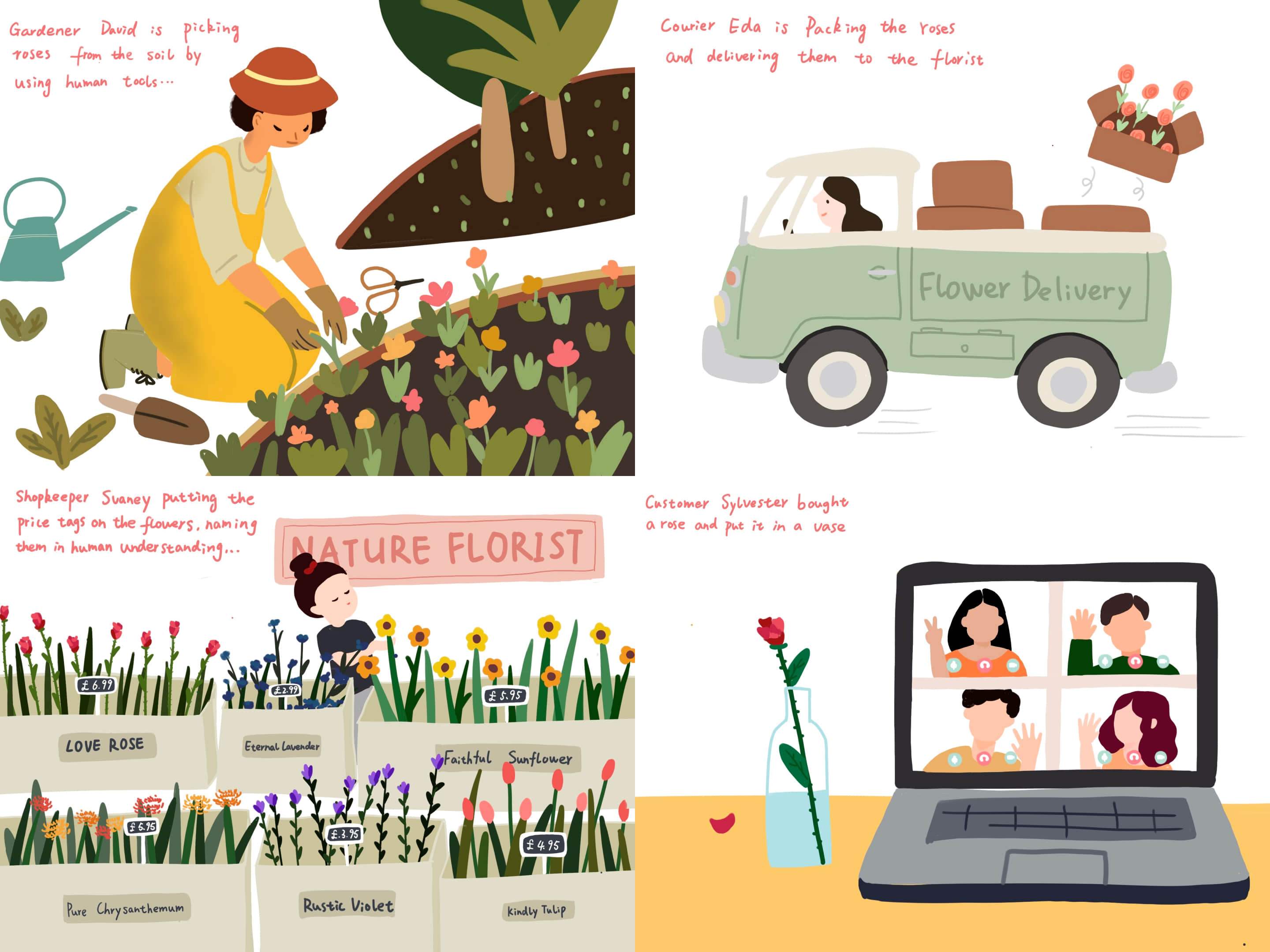 Storyboard: rose in farm, delivery truck, market, home. Illustration by Svaney.