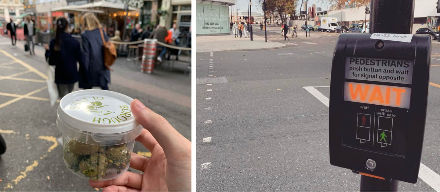 Feeling togetherness via shared holding items and traffic signals. Photos by me and Rui Dai.